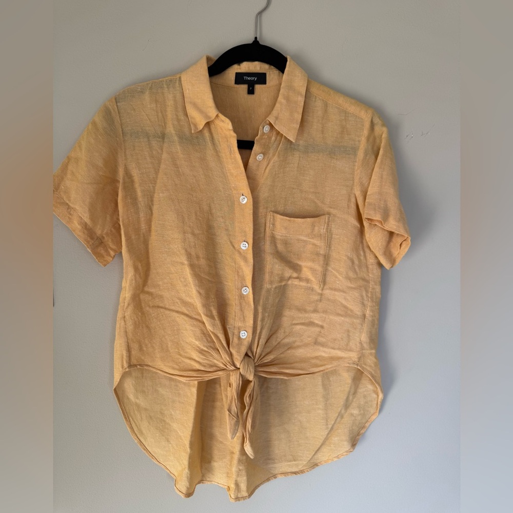 Theory Mustard Button-Up Tie Linen Short Sleeve Shirt